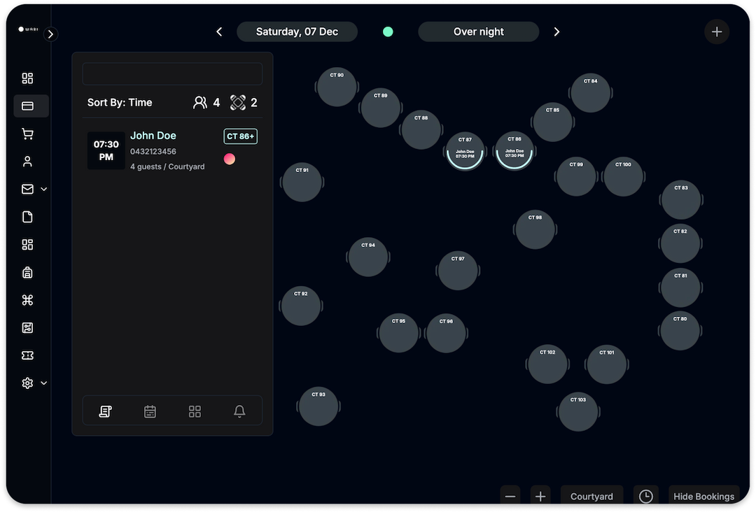 table management screen on tablet