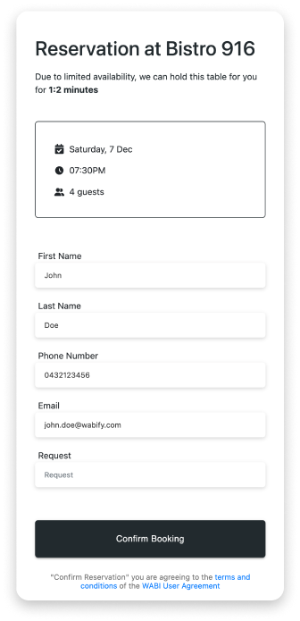 widget Booking confirm screen